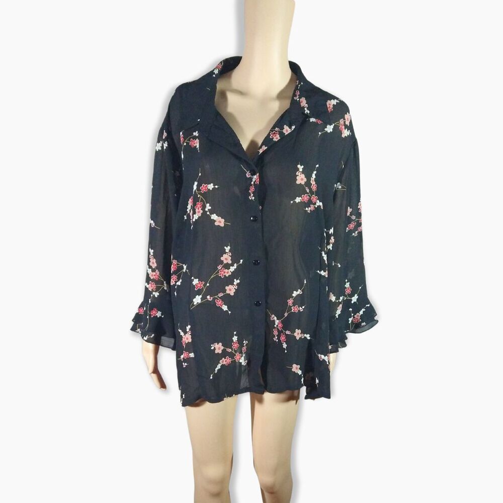 Rebecca Jones Women’s 3X Sheer Floral Blouse – Black Long Sleeve Button-Up Top